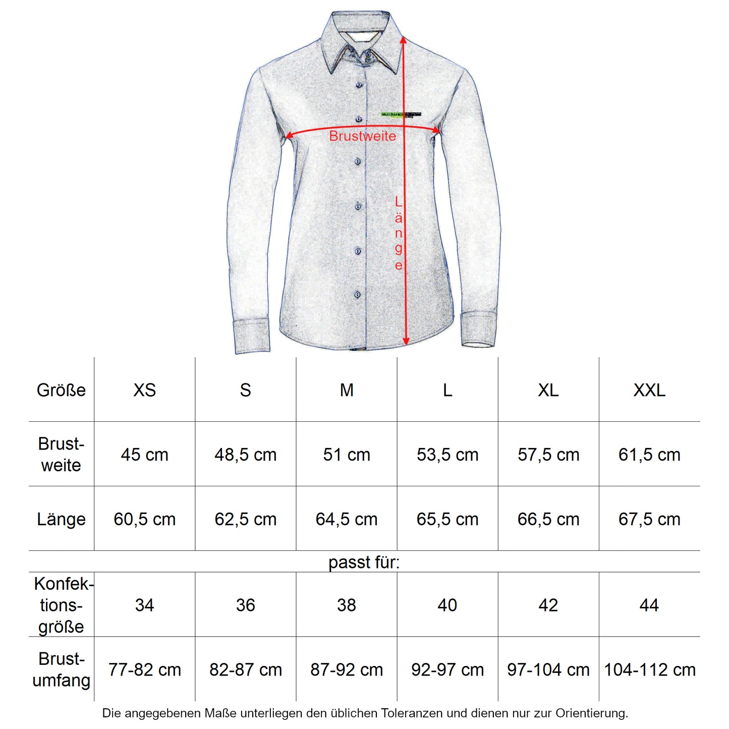 Oberbarnim Schulen Mädchen/Damen Bluse langarm Größentabelle - City-Kaufhaus Herber GmbH