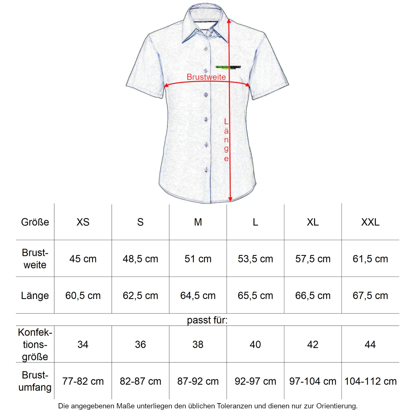 Oberbarnim Schulen Mädchen/Damen Bluse kurzarm Größentabelle - City-Kaufhaus Herber GmbH