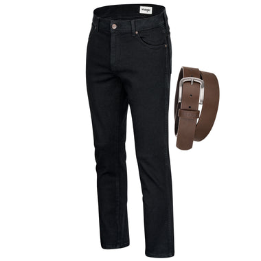 Wrangler Texas Stretchjeans W12109004 Black Overdye mit braunem Gürtel - City-Kaufhaus Herber GmbH