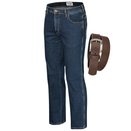 Wrangler Texas Stretchjeans W12133009 Darkstone mit braunem Gürtel- City-Kaufhaus Herber GmbH