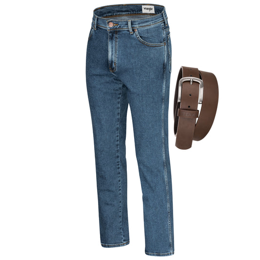 Wrangler Texas Stretchjeans W12133010 Stonewash mit braunem Gürtel - City-Kaufhaus Herber GmbH