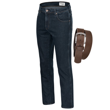 Wrangler Texas Stretchjeans W12175001 Blue Black mit braunem Gürtel - City-Kaufhaus Herber GmbH