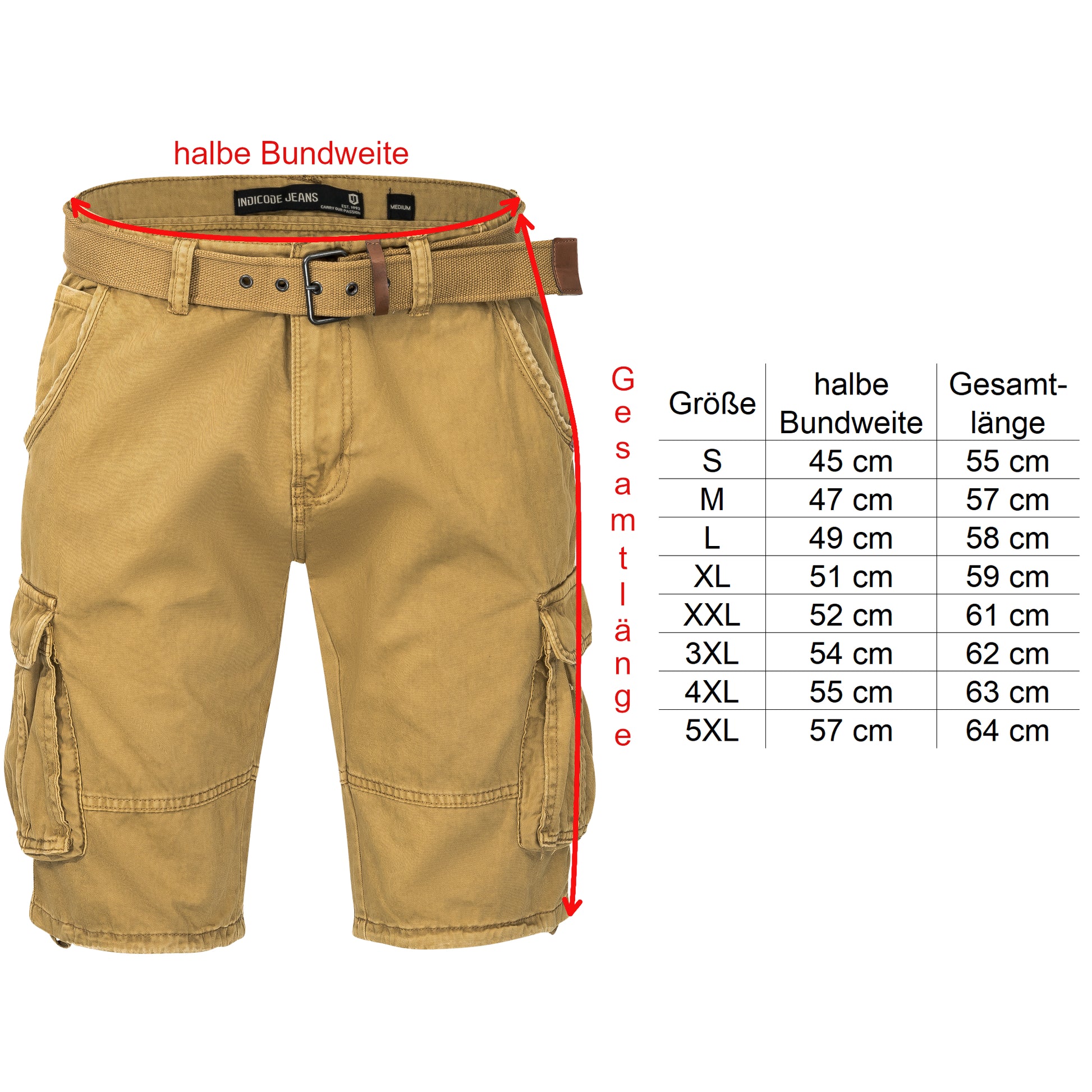 Indicode Cargoshorts Kjeld amber Größentabelle - City-Kaufhaus Herber GmbH