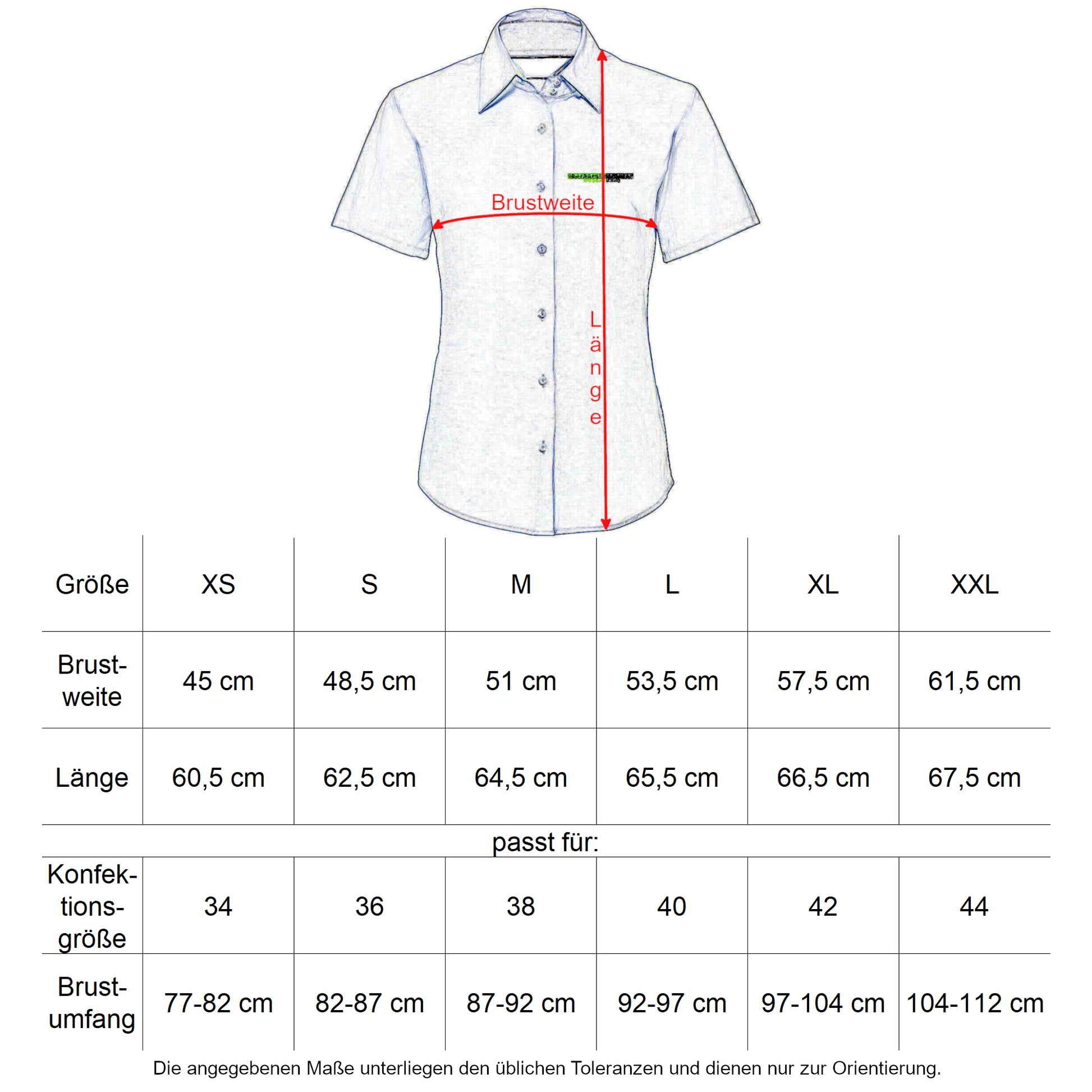 Oberbarnim Schulen Mädchen/Damen Bluse kurzarm Größentabelle - City-Kaufhaus Herber GmbH