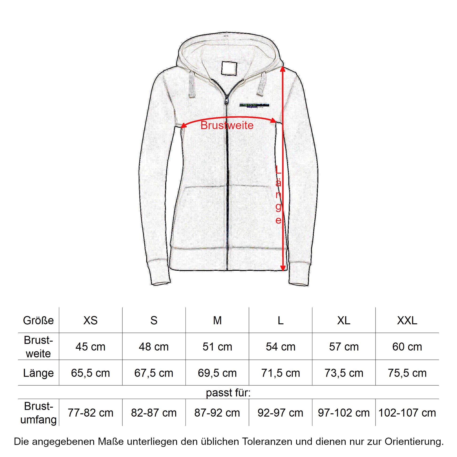 Oberbarnim Schulen Mädchen/Damen Sweatjacke Größentabelle - City-Kaufhaus Herber GmbH