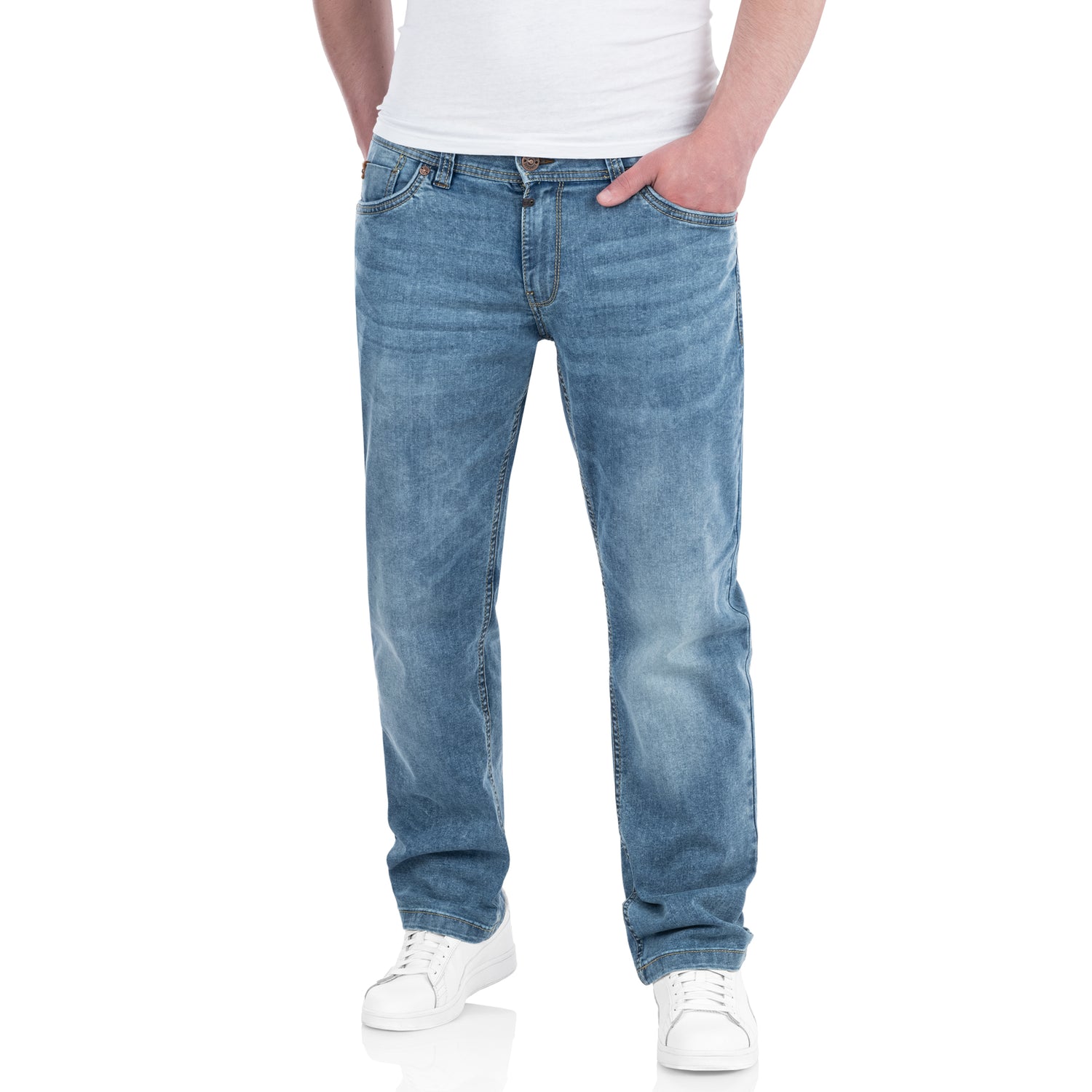 Timezone Stretchjeans Slim EduardoTZ 3041 blue denim wash Vorderansicht am Model - City-Kaufhaus Herber GmbH