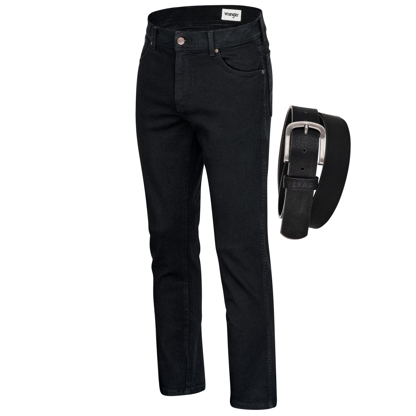 Wrangler Texas Stretchjeans W12109004 Black Overdye mit schwarzem Gürtel - City-Kaufhaus Herber GmbH