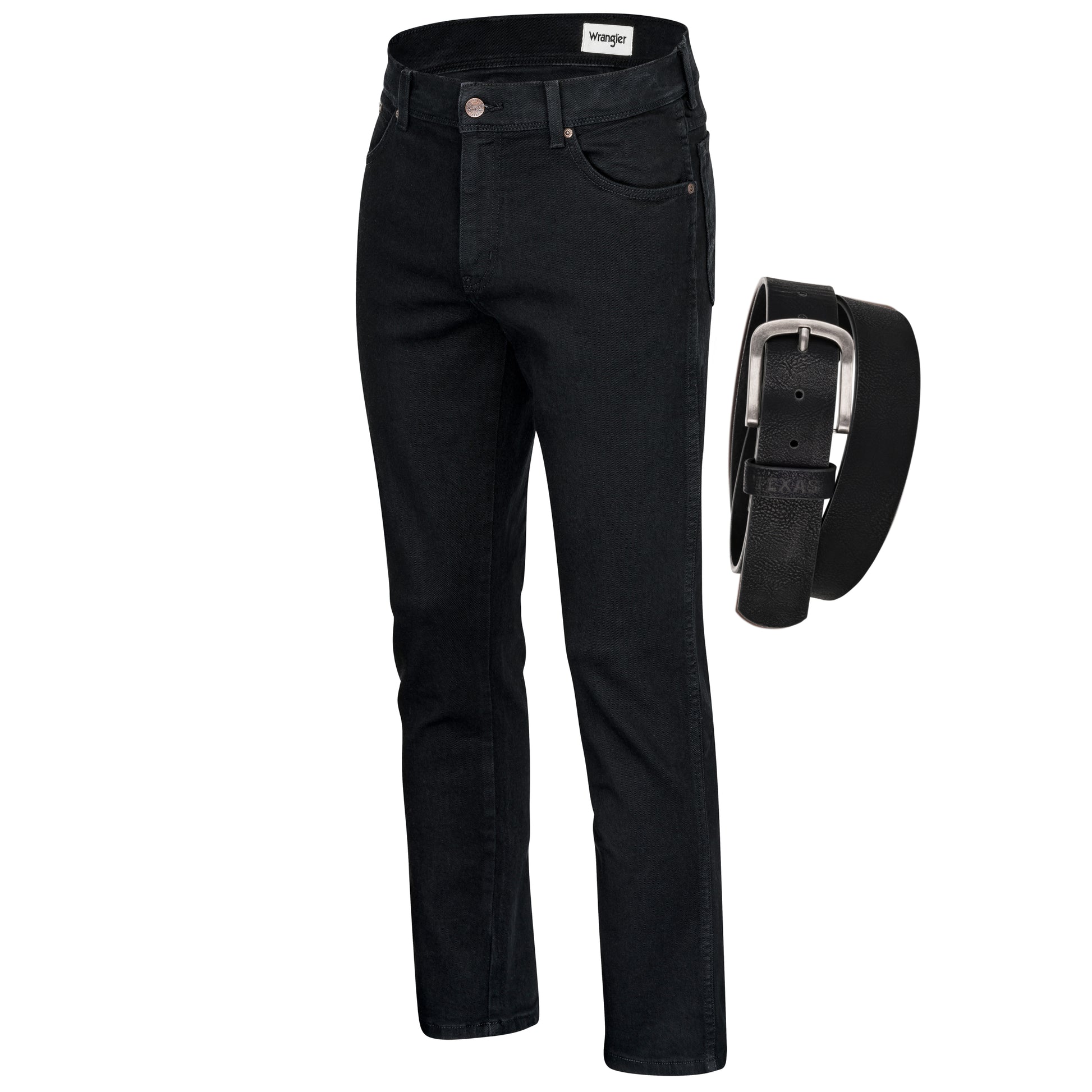 Wrangler Texas Stretchjeans W12109004 Black Overdye mit schwarzem Gürtel - City-Kaufhaus Herber GmbH
