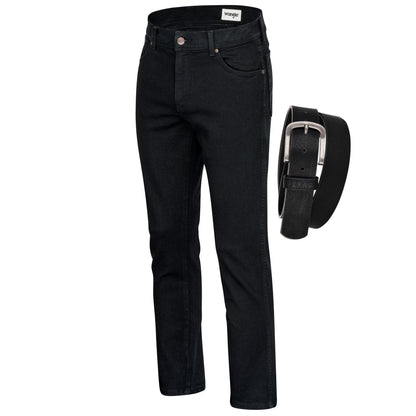Wrangler Texas Stretchjeans W12109004 Black Overdye mit schwarzem Gürtel - City-Kaufhaus Herber GmbH
