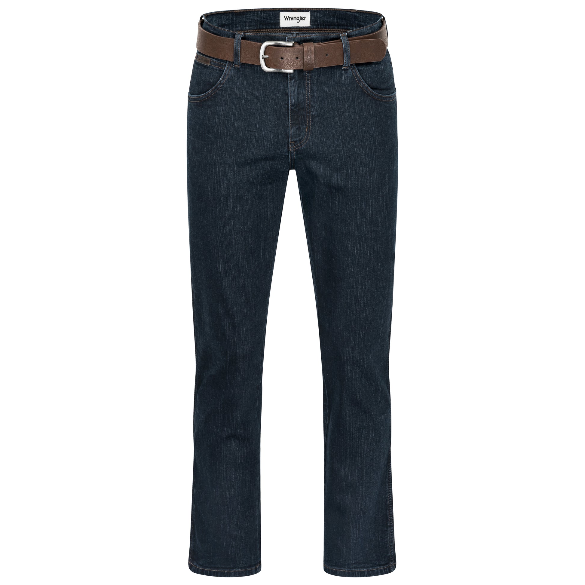 Wrangler Texas Stretchjeans W12175001 Blue Black mit braunem Gürtel - City-Kaufhaus Herber GmbH
