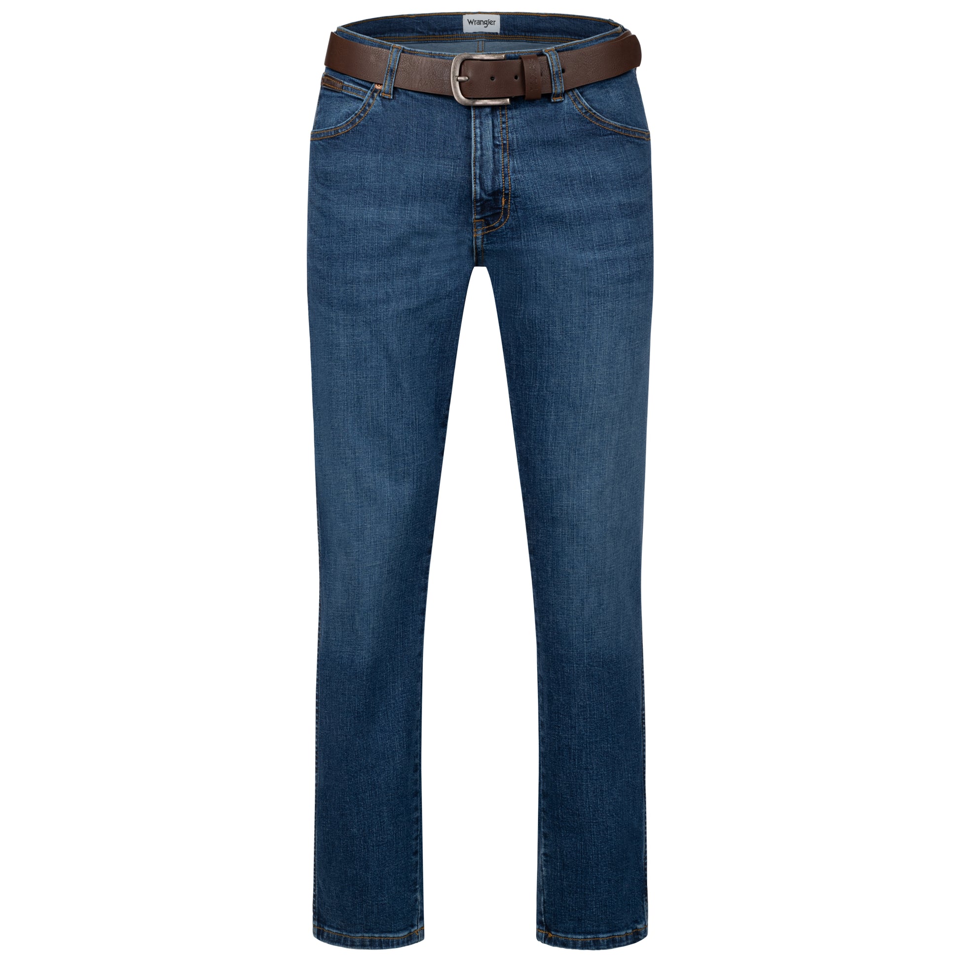 Wrangler Texas Stretchjeans W121KG163 Blue Nights mit braunem Gürtel - City-Kaufhaus Herber GmbH