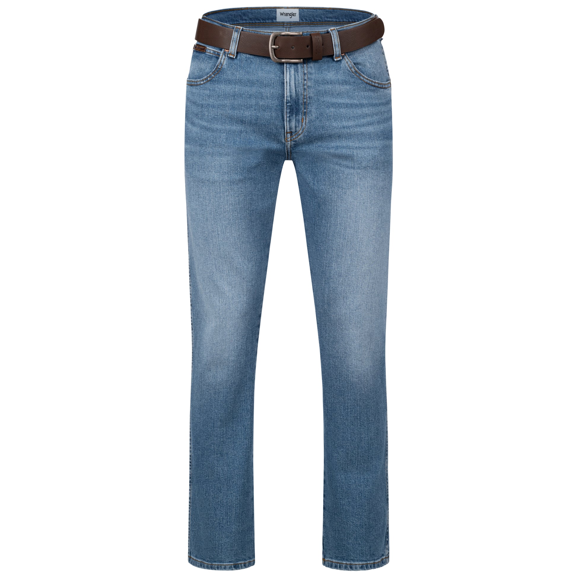 Wrangler Texas Stretchjeans W121HN13S Glaston Blue mit braunem Gürtel - City-Kaufhaus Herber GmbH