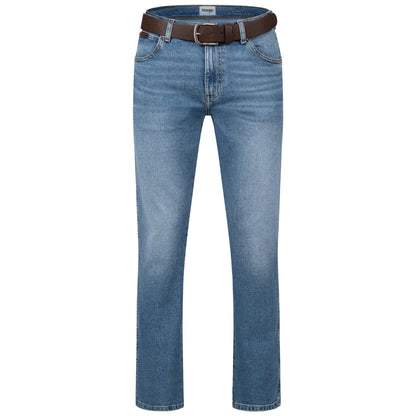 Wrangler Texas Stretchjeans W121HN13S Glaston Blue mit braunem Gürtel - City-Kaufhaus Herber GmbH
