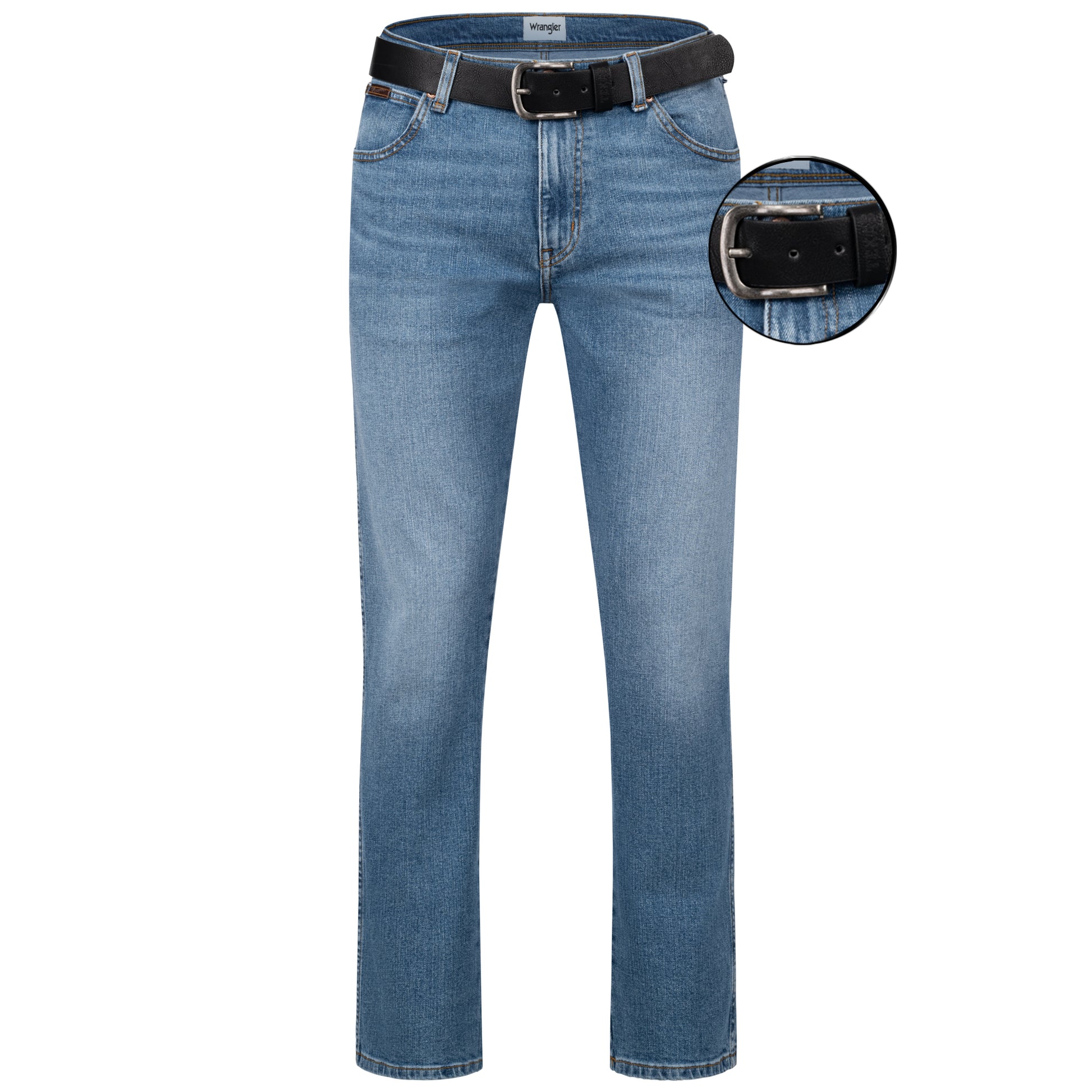 Wrangler Texas Stretchjeans W121HN13S Glaston Blue mit schwarzem Gürtel - City-Kaufhaus Herber GmbH